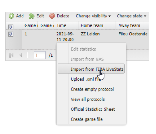 Right-click menu of a game in FIBA Organizer, with 'Import from FIBA LiveStats' as an option.
