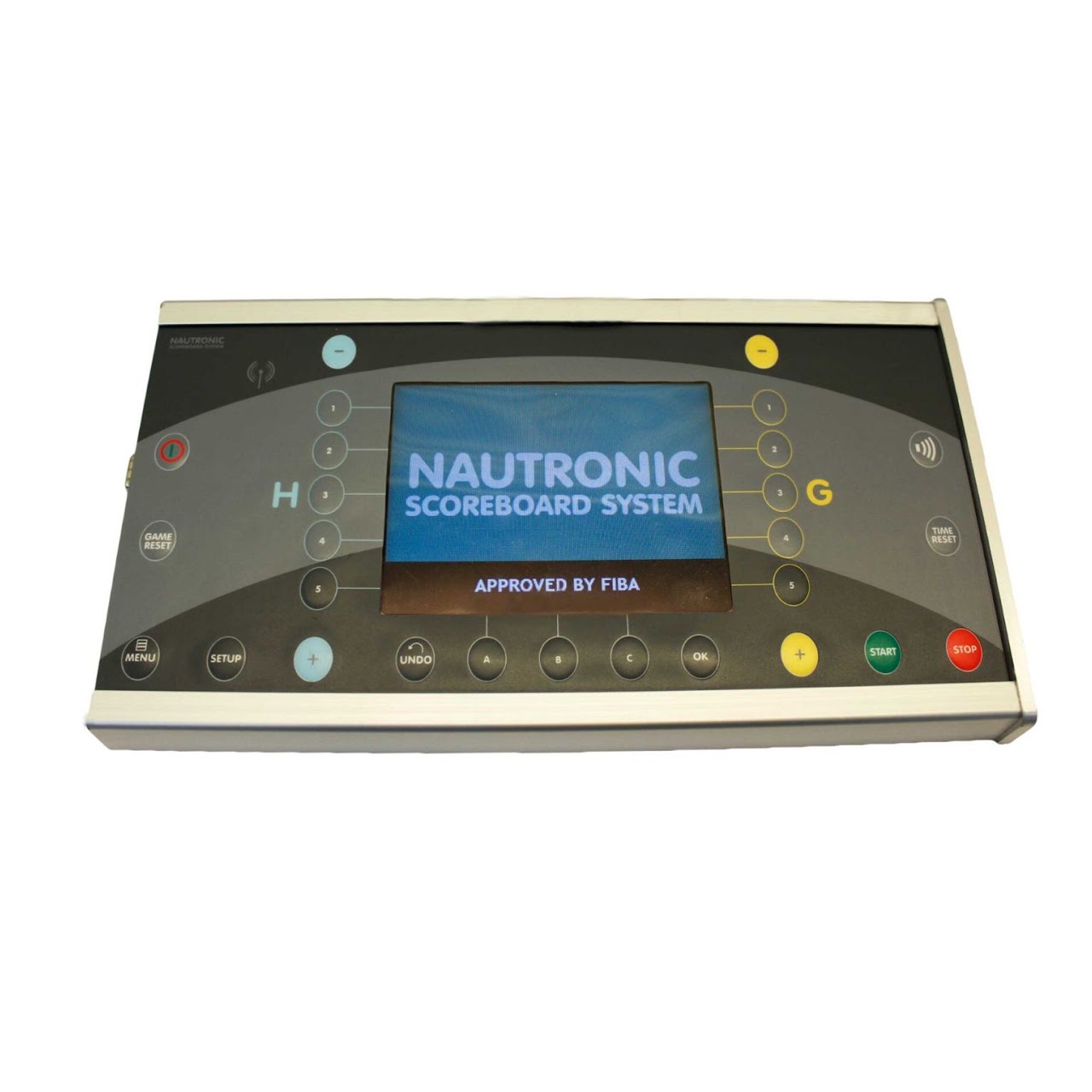 The Nautronic scoreboard panel; the on/off switch is top-left next to the display.