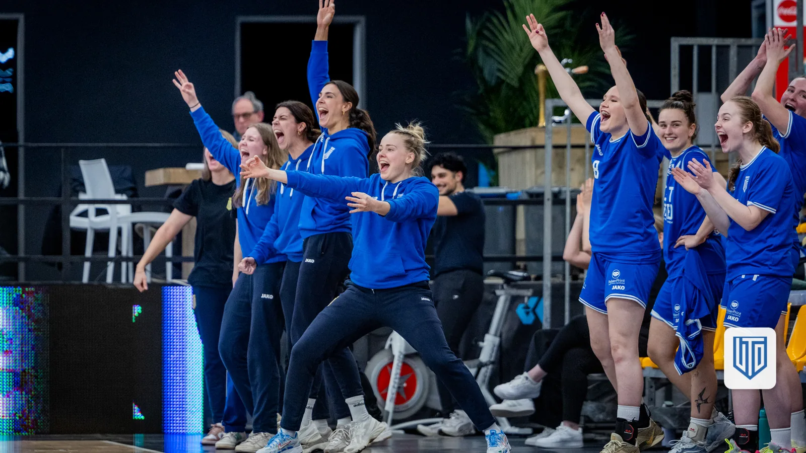 Spelers en staf vieren uitgelaten een moment langs het veld (standaardfoto ter illustratie, niet gerelateerd aan dit artikel)